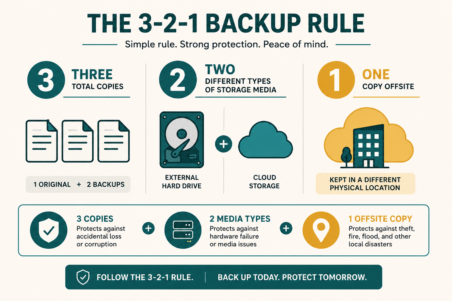 The 3-2-1 backup rule: three total copies of your data, on two different types of media, with one copy stored offsite