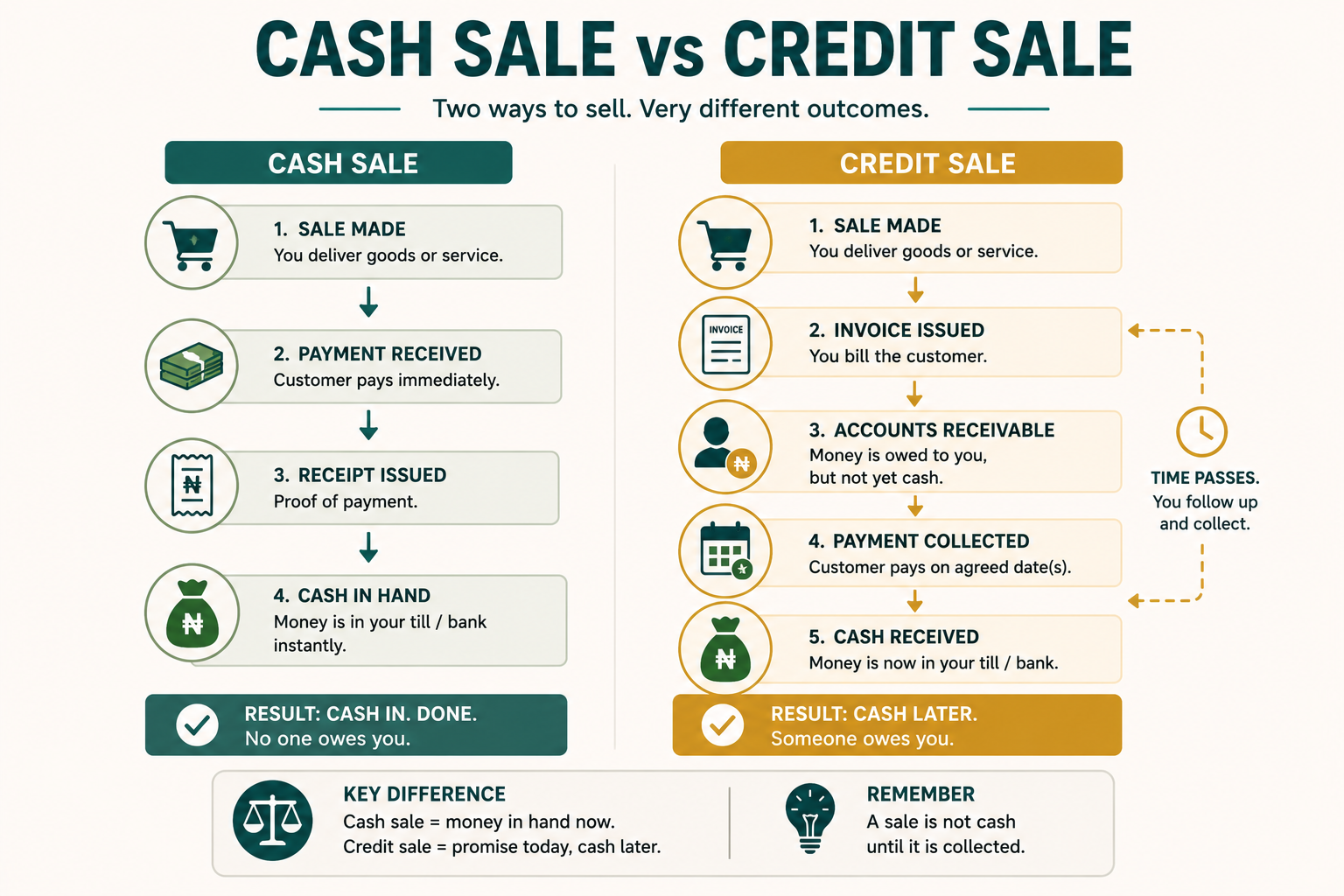 Cash sale versus credit sale: a cash sale is paid instantly, while a credit sale creates accounts receivable, money owed but not yet cash, until it is paid later