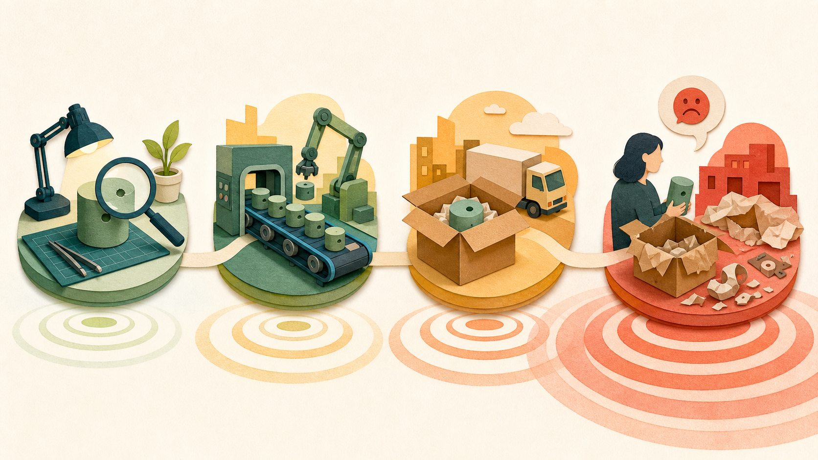 Four-stage illustration of one product flaw moving from early inspection to customer return as the consequences grow.