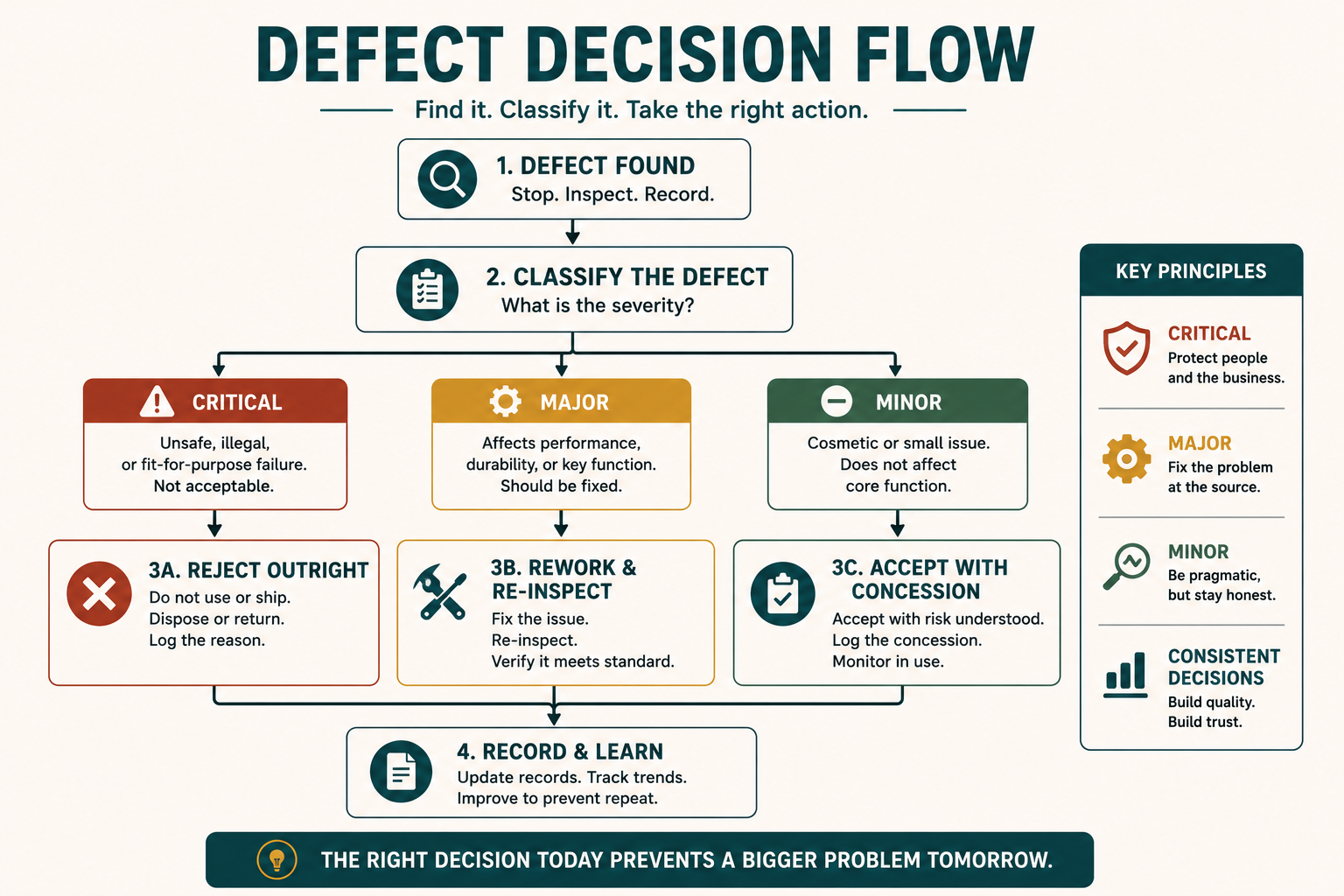 Defect decision flow: a defect is found, classified as critical, major, or minor, then rejected, reworked and re-inspected, or accepted with a logged concession