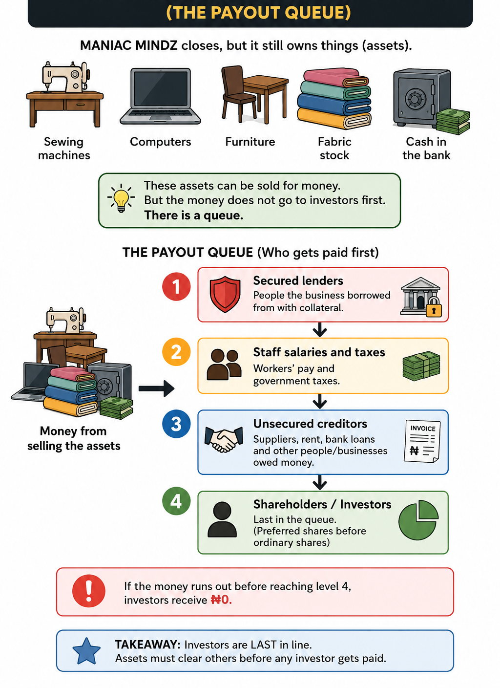 Scenario 2: the business still has assets. MANIAC MINDZ closes but still owns sewing machines, computers, furniture, fabric stock, and cash. The payout queue: 1. Secured lenders, 2. Staff salaries and taxes, 3. Unsecured creditors, 4. Shareholders and investors last. If the money runs out before level 4, investors receive zero.