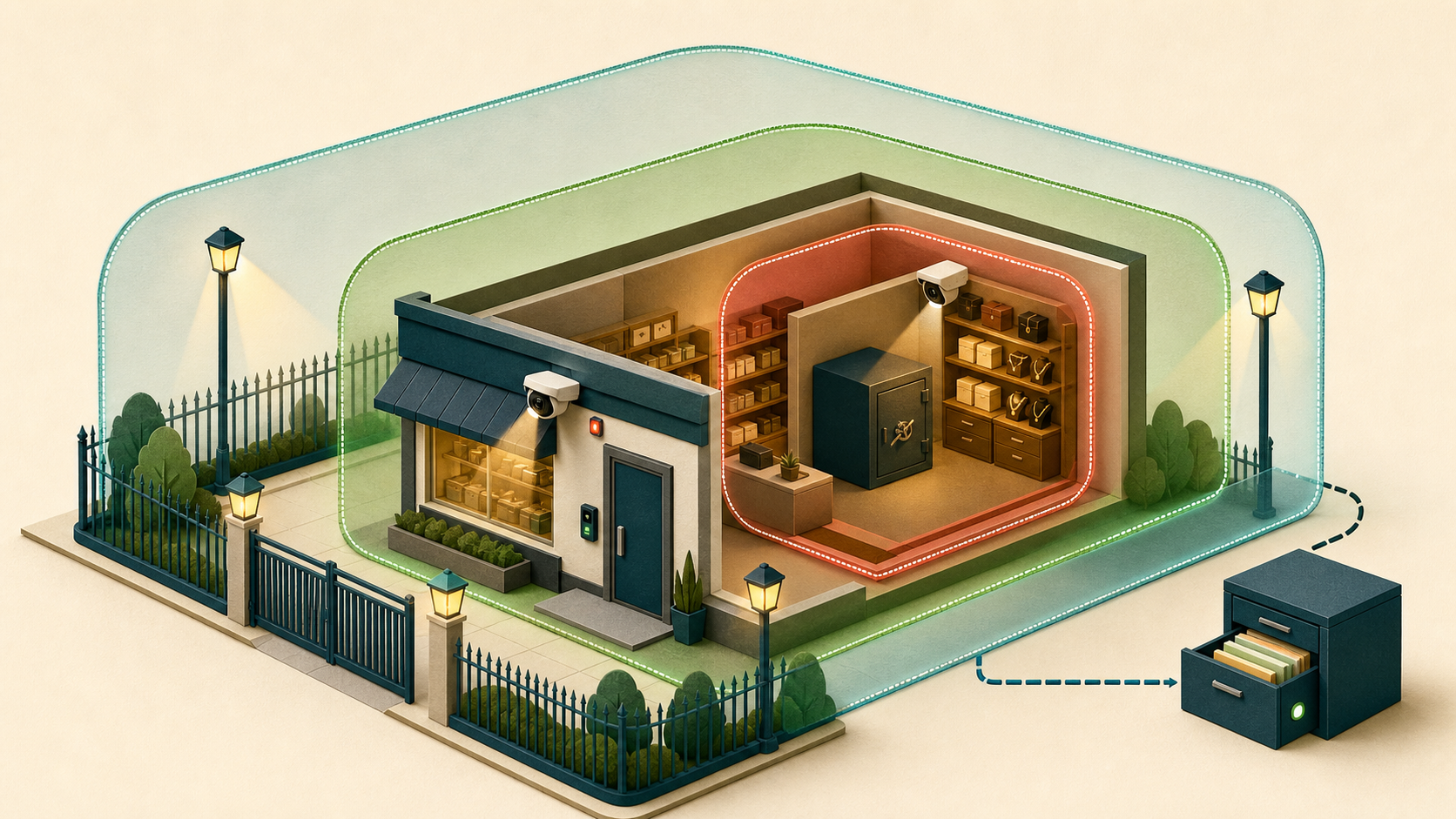 A small shop protected by nested perimeter, building-access, and restricted-zone layers, with retained camera footage kept separately.