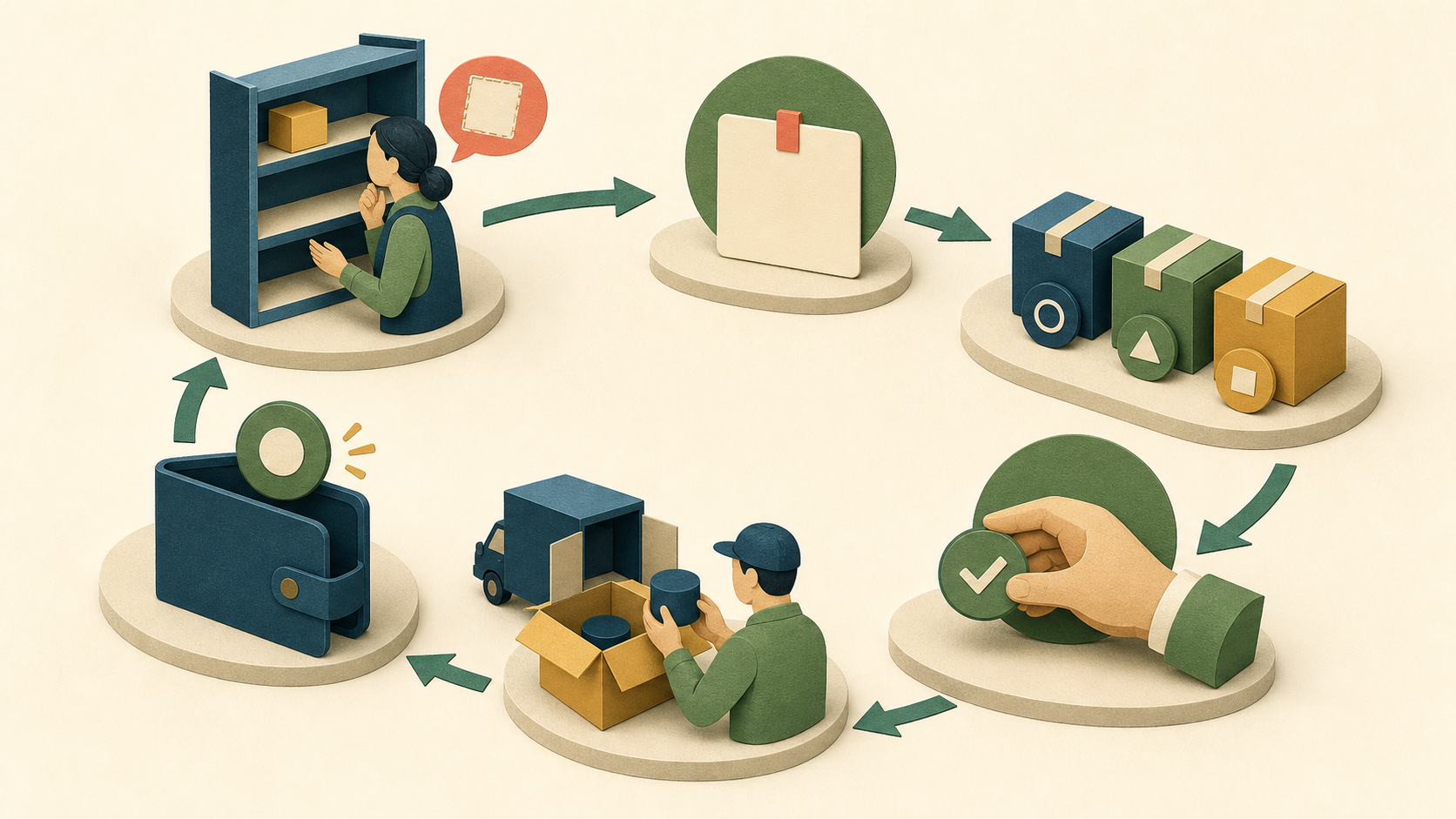 A purchase loop from an empty shelf and need, through supplier comparison and delivery checking, to controlled payment.