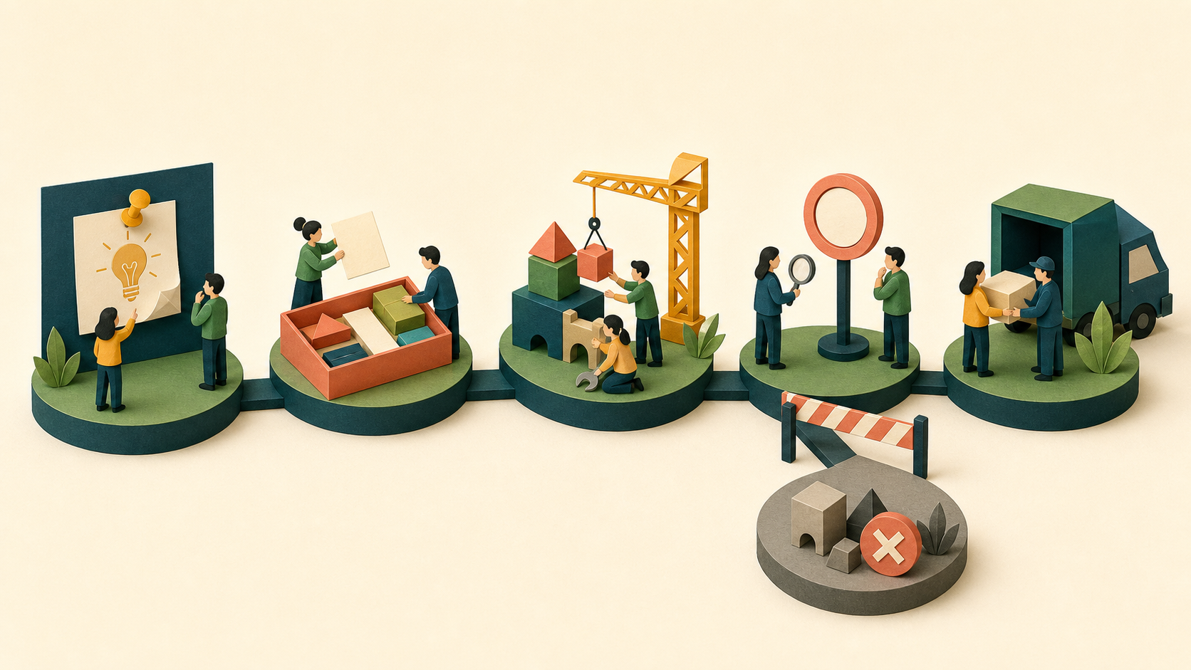 A project moves through idea, planning, building, review, and delivery checkpoints, with a stopped path at the review gate.