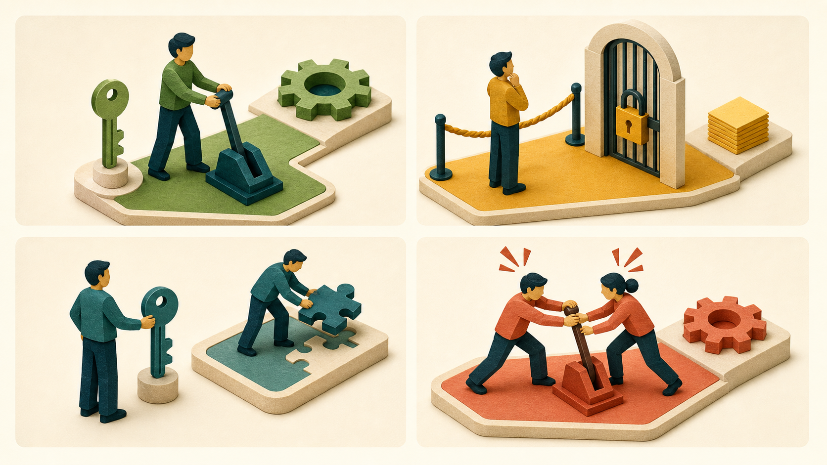 Four work situations show aligned decision power, missing authority, unused authority, and competing decision makers.
