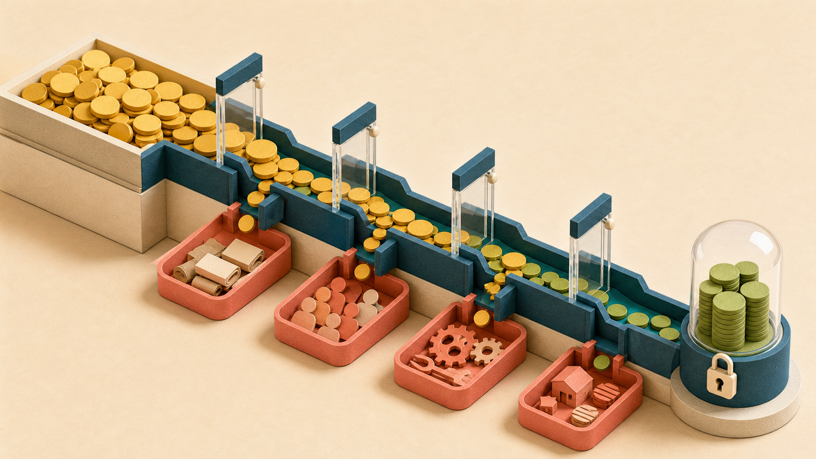Sales tokens flow through four cost gates and leave a smaller protected profit reserve.