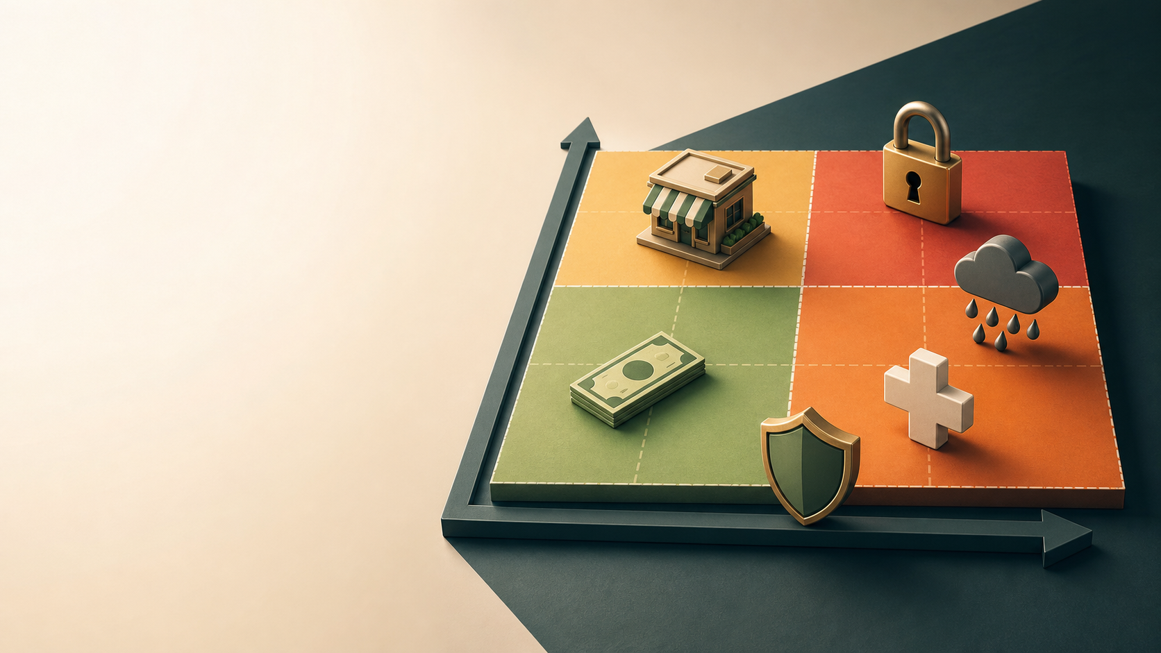 A visual risk map showing a shop, money, weather, health, security, and protection across lower and higher risk areas.