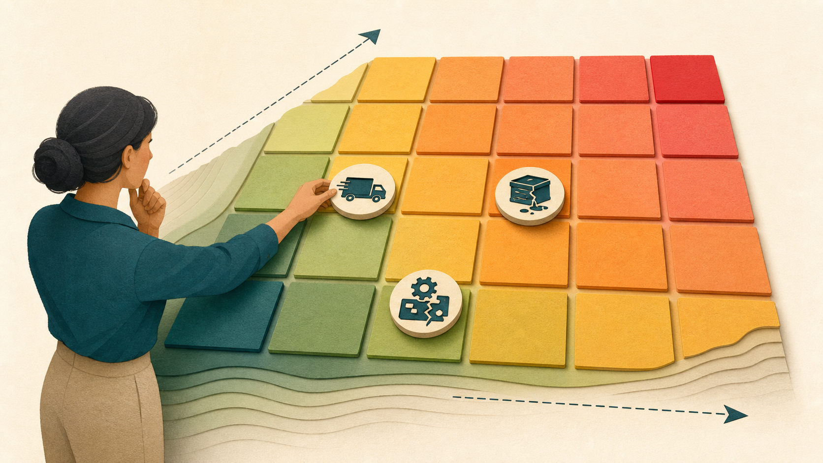 A five-by-five risk field moves from low to high exposure as delivery, cash, and equipment scenarios are placed on it.