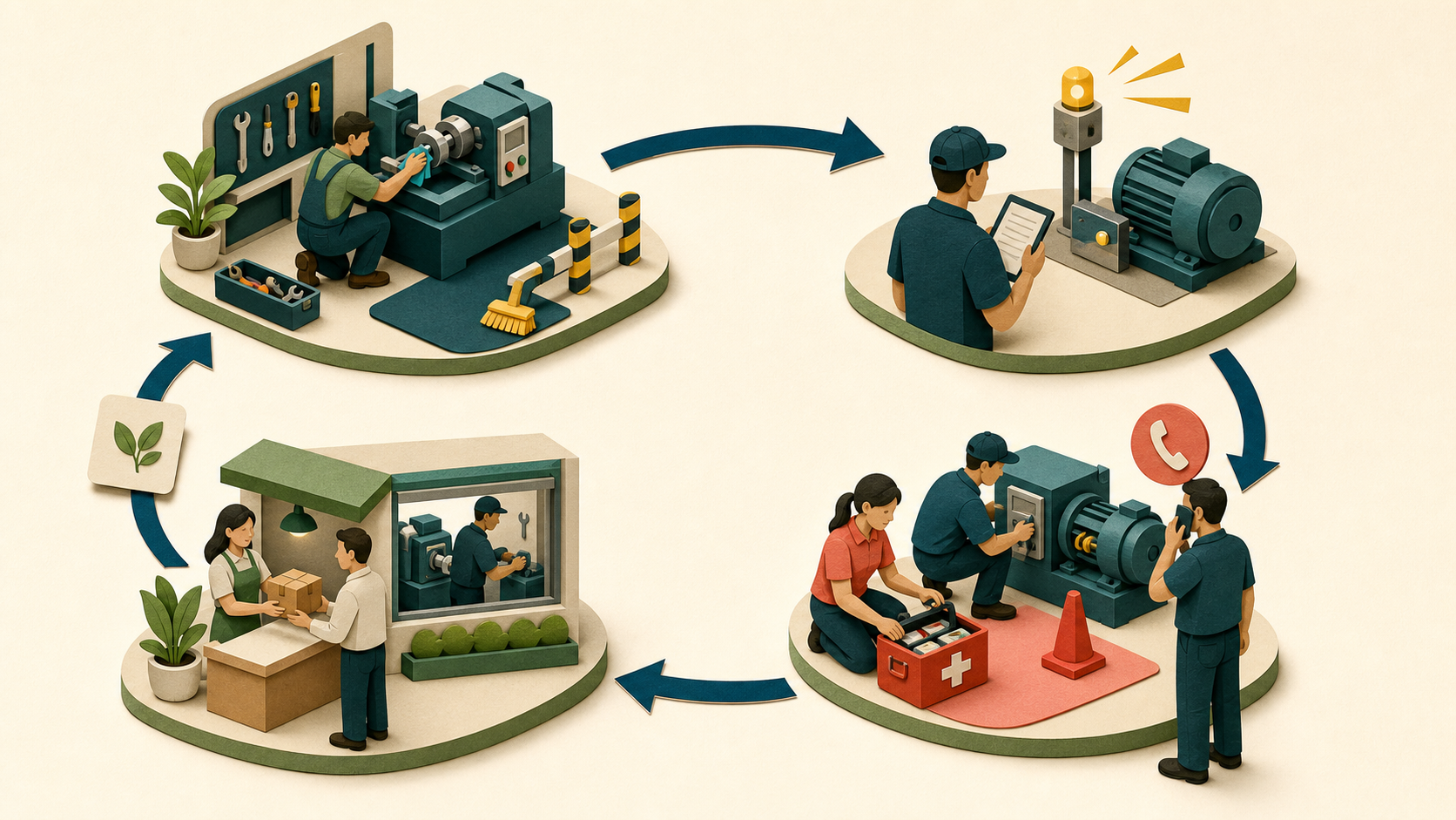 A four-stage risk loop shows maintenance to prevent problems, early detection, prepared response, recovery, and learning feeding back into prevention.