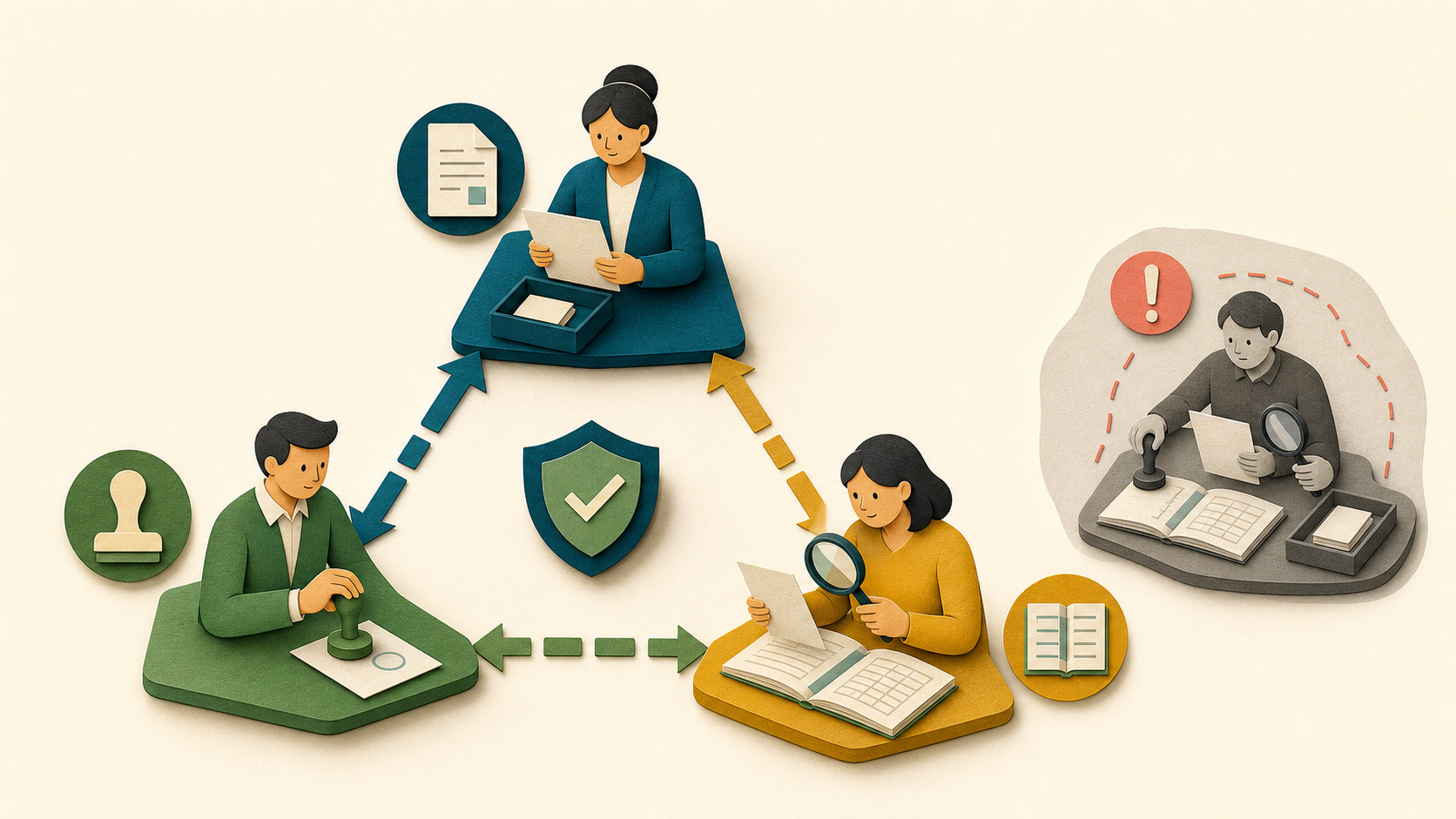 Three people separately request, approve, and check a transaction, with a shield between them and one person alone shown as a risk.
